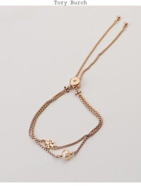 Tory Burch Rose Gold Pearl Adjustable Chain Bracelet